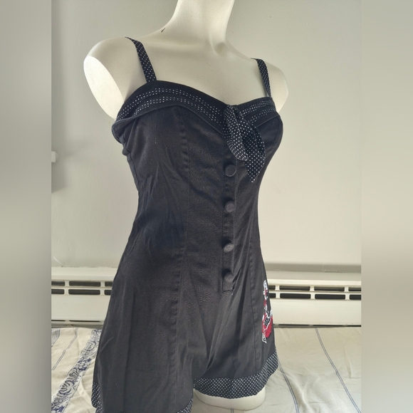Black Polka Trim Sweetheart Romper with Anchor Embroidery - Picture 2 of 10